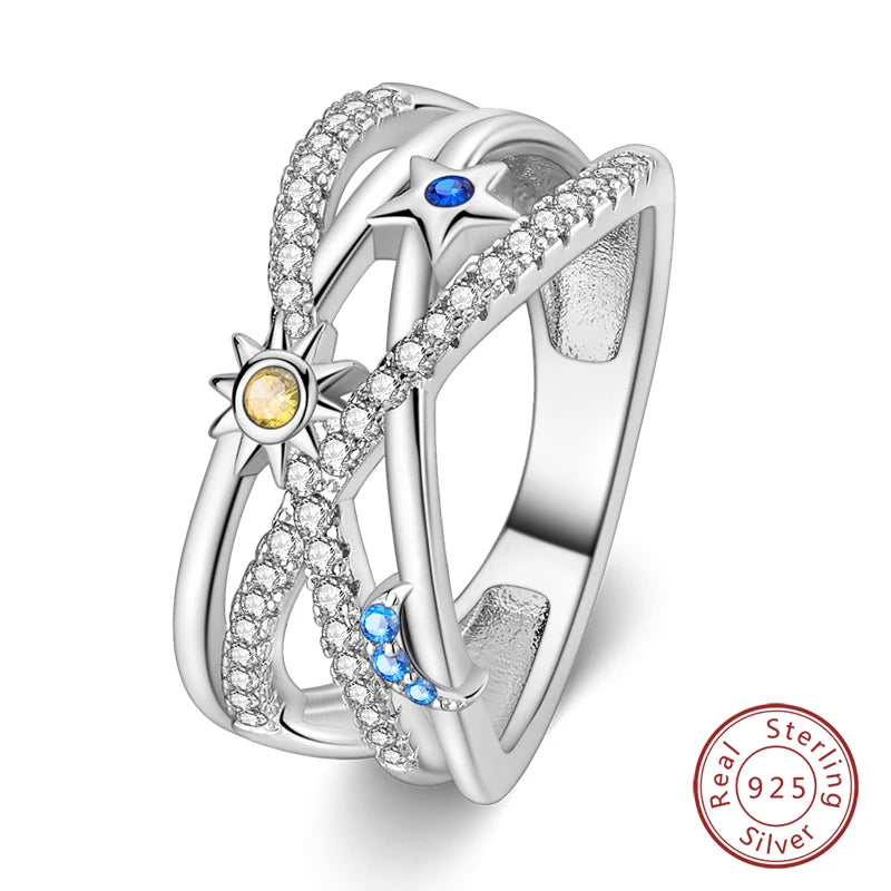 Star Moon Colorful Zircon 925 Silver Ring