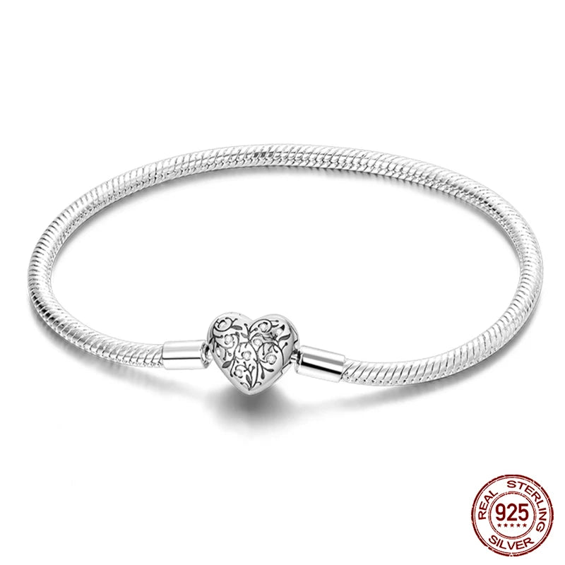 925 Silver Snake Chain Heart Lock Bracelet