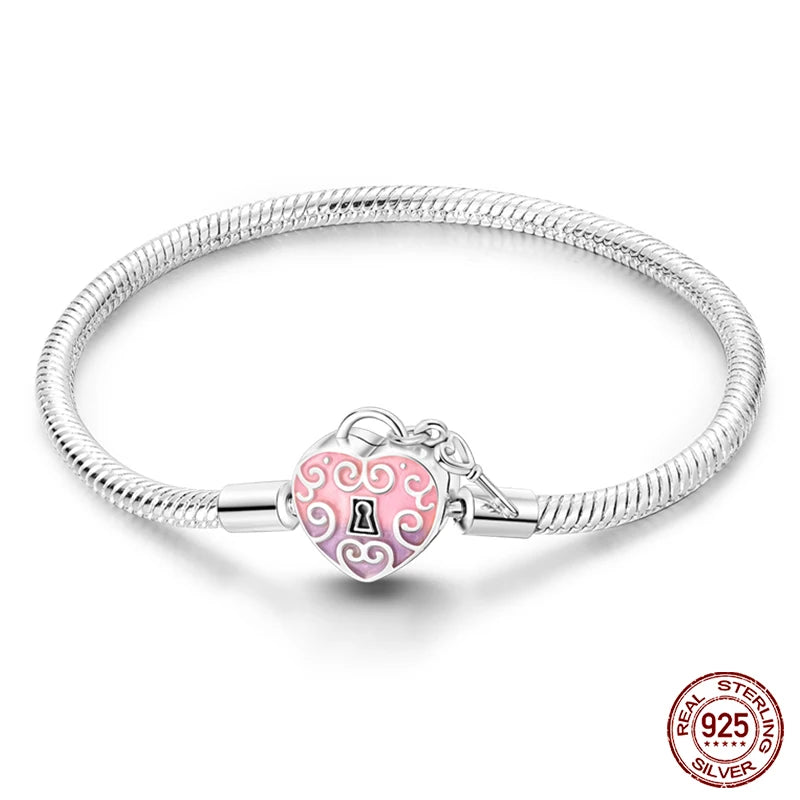 925 Silver Snake Chain Heart Lock Bracelet