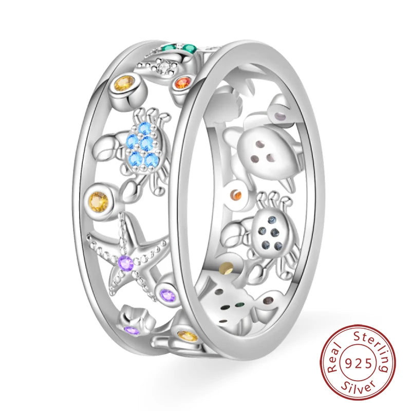 Pink Heart Crown Star Moon 925 Silver Ring