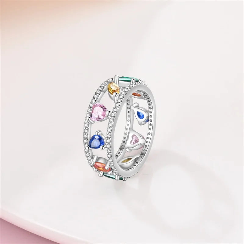 Pink Heart Crown Star Moon 925 Silver Ring