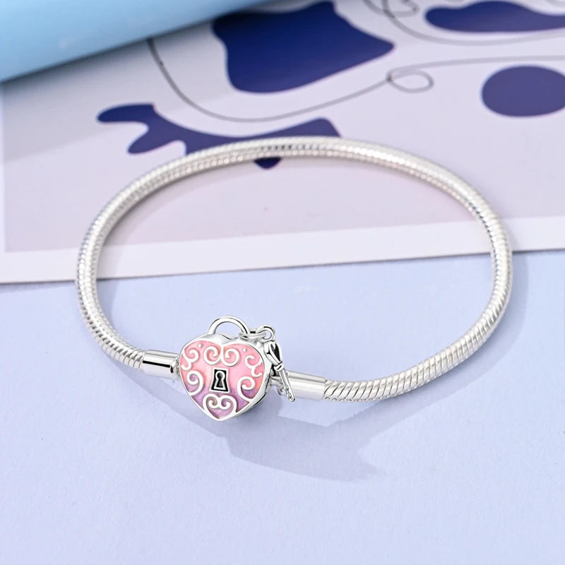 925 Silver Snake Chain Heart Lock Bracelet