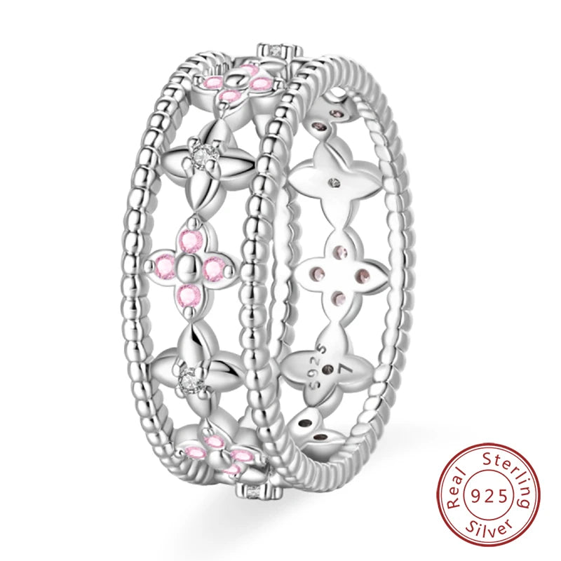 Romantic Pink Heart Snowflake 925 Ring