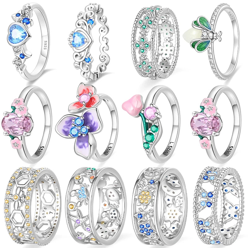 Pink Heart Crown Star Moon 925 Silver Ring