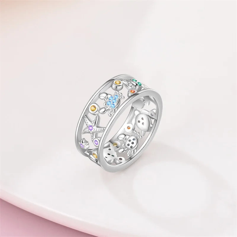 Pink Heart Crown Star Moon 925 Silver Ring