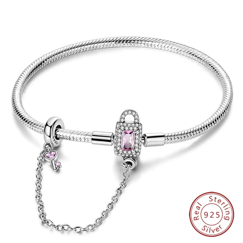 925 Silver Snake Chain Heart Lock Bracelet