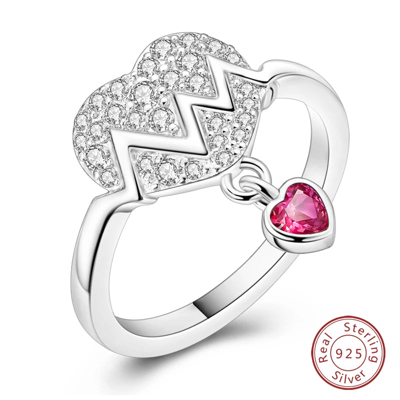 Pink Heart Crown Star Moon 925 Silver Ring
