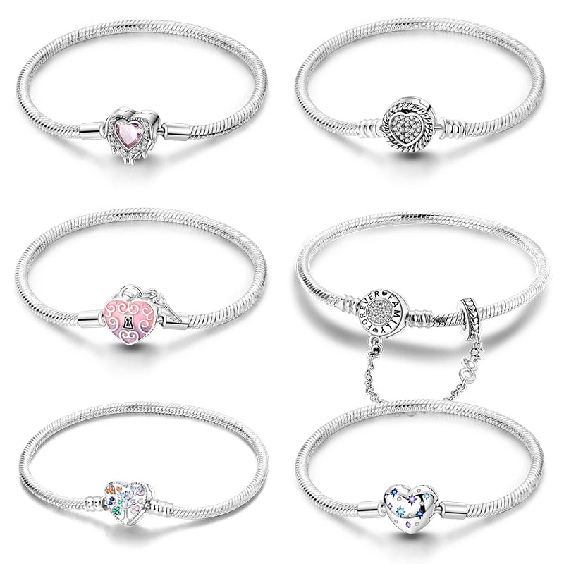 925 Silver Snake Chain Heart Lock Bracelet
