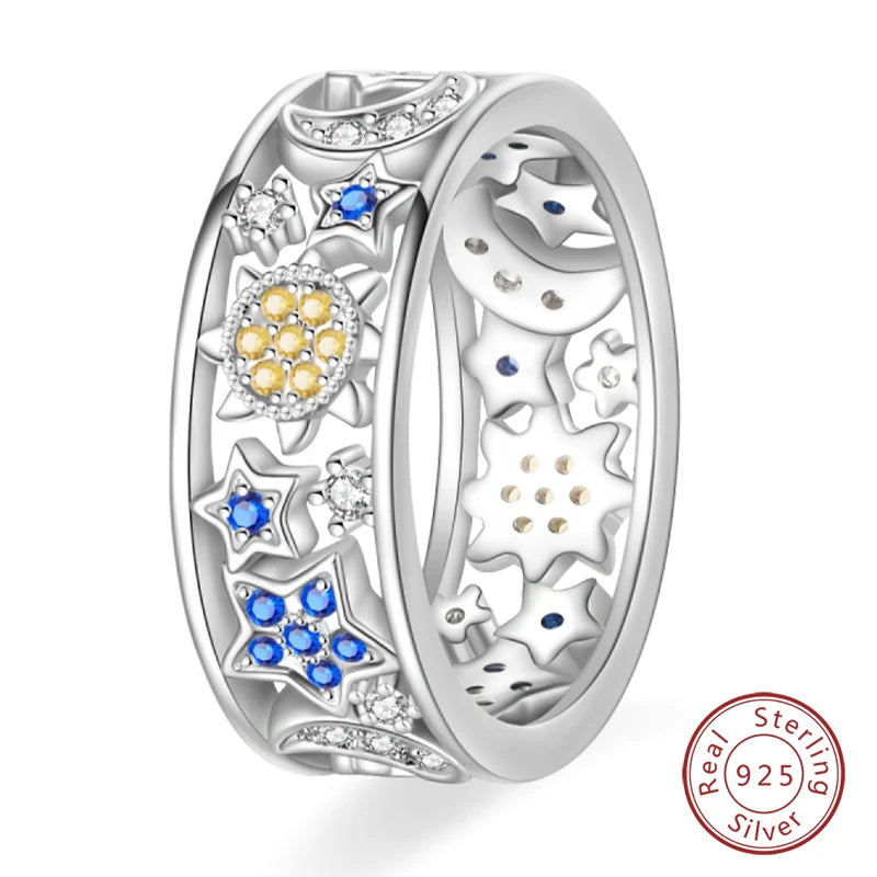 Pink Heart Crown Star Moon 925 Silver Ring