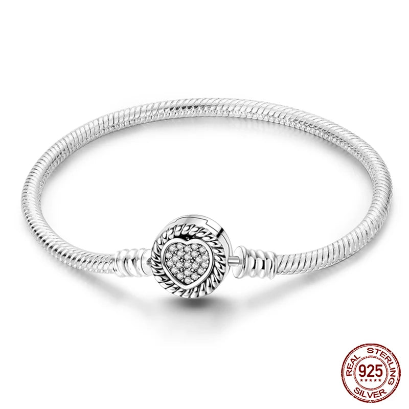 925 Silver Snake Chain Heart Lock Bracelet