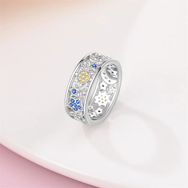 Pink Heart Crown Star Moon 925 Silver Ring