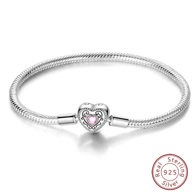 925 Silver Snake Chain Heart Lock Bracelet
